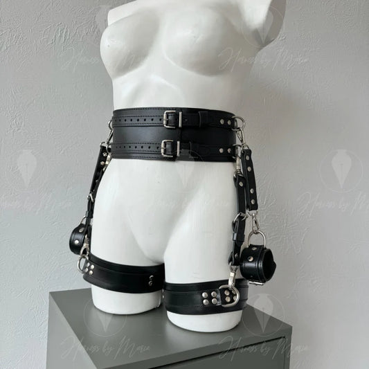 Leather handcuff bracelet, Leather thigh harness, Thigh cuffs, Leather harnesses for woman, Leather leg harness plus size, Waist harness